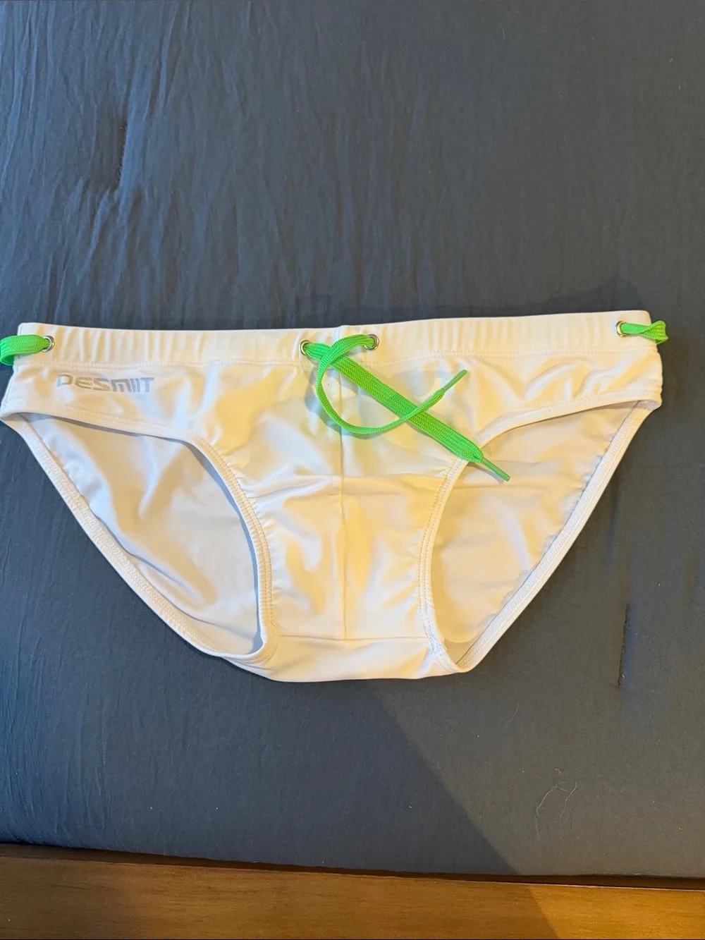 Men’s White Swim with Green Drawstring, by Desmiit, Front Lined Medium to Large